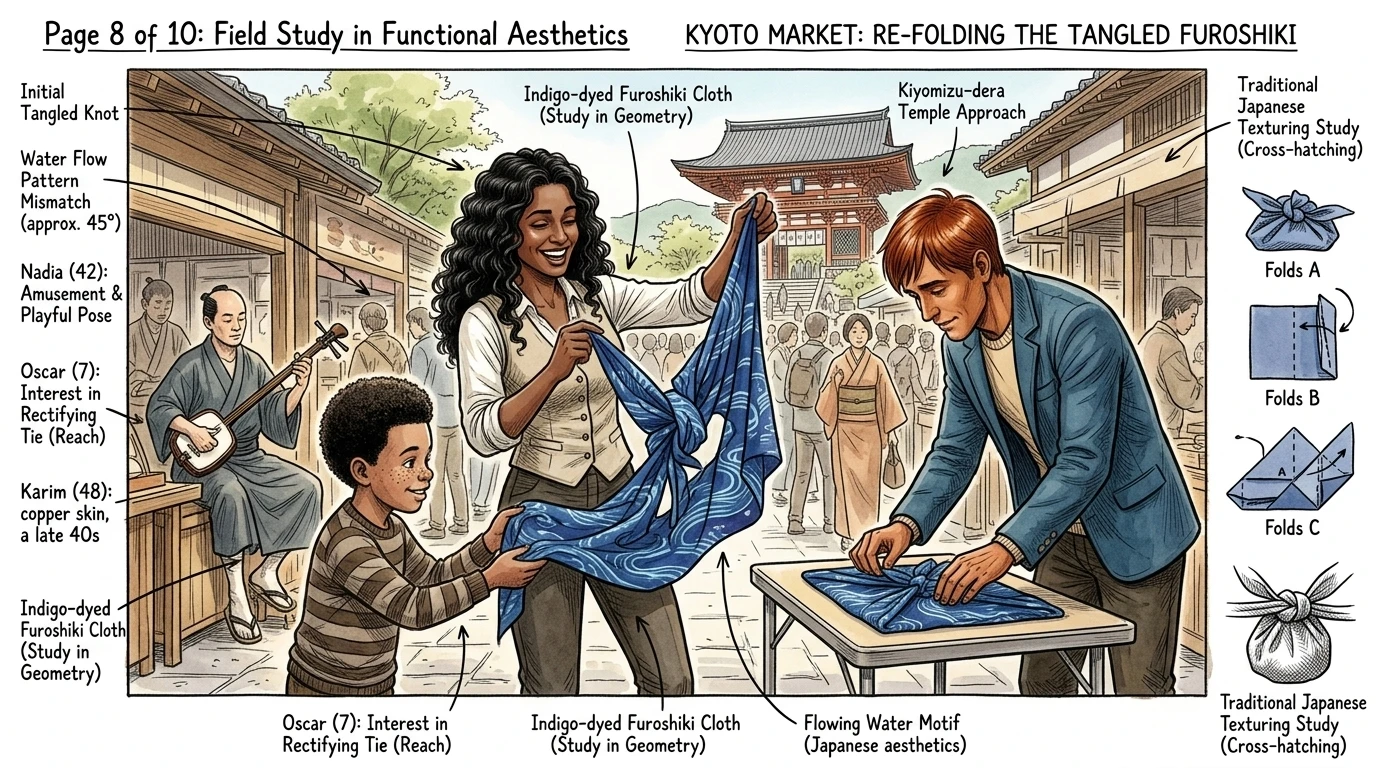 清水寺附近一个热闹的街市充满活力,一位三味线演奏者正用活泼的旋律吸引着人群。萨尔玛急切地想融入这充满生机的氛围,她尝试用一块风吕敷为朋友包一件新买的… 清水寺附近一个热闹的街市充满活力,一位三味线演奏者正用活泼的旋律吸引着人群。萨尔玛急切地想融入这充满生机的氛围,她尝试用一块风吕敷为朋友包一件新买的…
