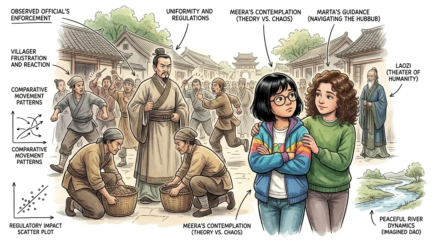 当他们穿过一个熙熙攘攘的村庄时,他们看到一位地方官员一丝不苟地执行着一长串规章制度,这引起了村民们的一阵忙乱和一些不满。 当他们穿过一个熙熙攘攘的村庄时,他们看到一位地方官员一丝不苟地执行着一长串规章制度,这引起了村民们的一阵忙乱和一些不满。
