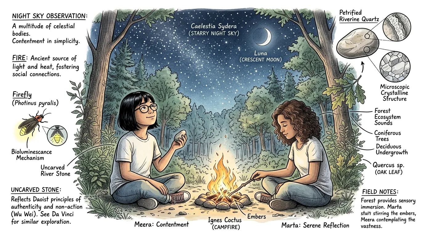 夜幕完全笼罩大地,米拉和玛尔塔坐在噼啪作响的小篝火旁,仰望着清澈夜空中无数的星星。这浩瀚的景象让米拉想起了无限延伸的“道”。 夜幕完全笼罩大地,米拉和玛尔塔坐在噼啪作响的小篝火旁,仰望着清澈夜空中无数的星星。这浩瀚的景象让米拉想起了无限延伸的“道”。