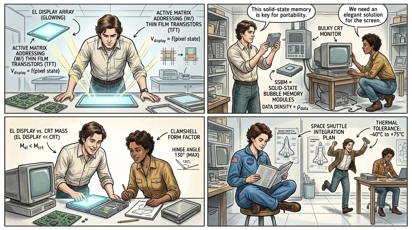 通往实用笔记本电脑的道路上,布满了重大的技术障碍。笨重的阴极射线管显示器是主要的障碍。莫格里奇的团队倡导当时新颖的电致发光显示技术,这是一种平板替代… 通往实用笔记本电脑的道路上,布满了重大的技术障碍。笨重的阴极射线管显示器是主要的障碍。莫格里奇的团队倡导当时新颖的电致发光显示技术,这是一种平板替代…