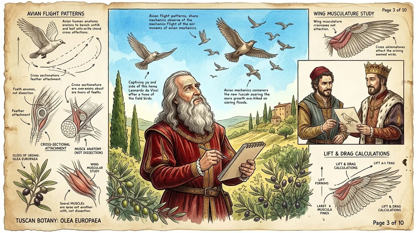 Leonardo watches birds soaring above the Tuscan hills. He is captivated by their effortless grace, their command of the air. Leonardo watches birds soaring above the Tuscan hills. He is captivated by their effortless grace, their command of the air.