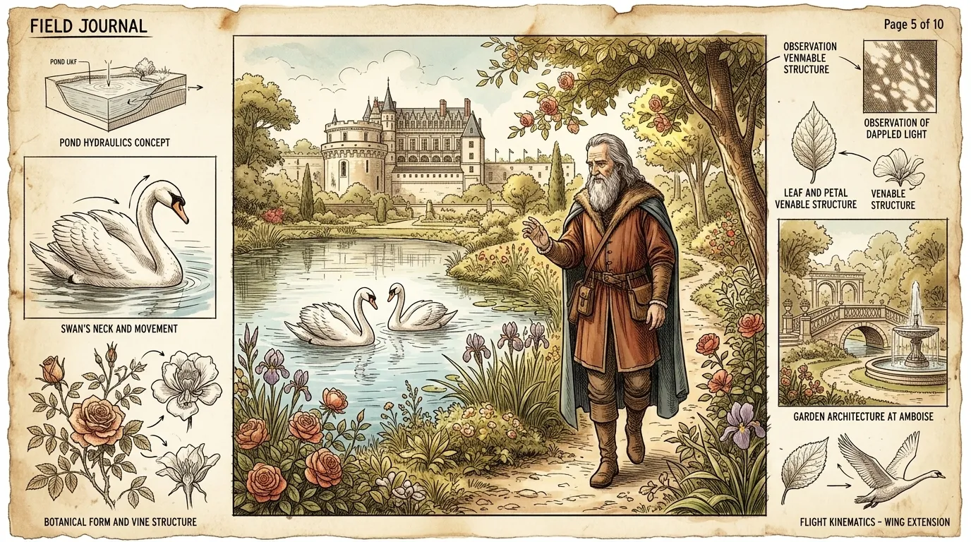 Leonardo wanders through the gardens of the Château d'Amboise, seeking inspiration for his 'Leda'. He observes the swans gliding across the pond, their… Leonardo wanders through the gardens of the Château d'Amboise, seeking inspiration for his 'Leda'. He observes the swans gliding across the pond, their…