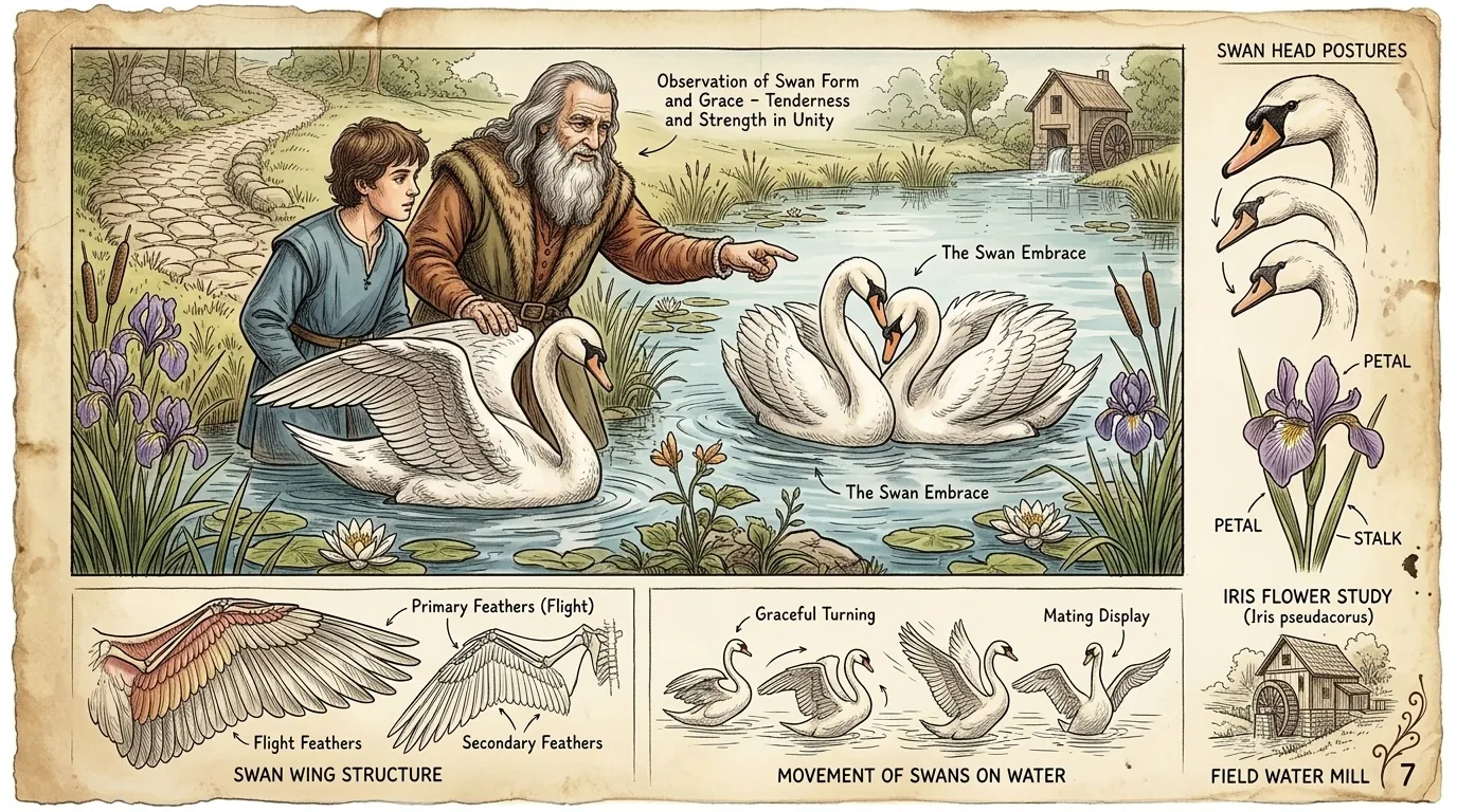 Leonardo observes the interaction of swans, their tender embrace, their powerful wings. He sees in their union a reflection of the mythological tale of Leda and… Leonardo observes the interaction of swans, their tender embrace, their powerful wings. He sees in their union a reflection of the mythological tale of Leda and…