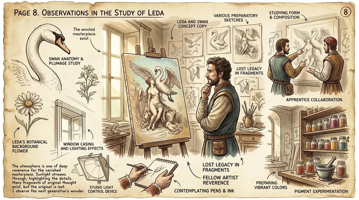 After Leonardo's death, 'Leda and the Swan' vanishes, lost to time and circumstance. Only copies and sketches remain, tantalizing glimpses of a masterpiece that… After Leonardo's death, 'Leda and the Swan' vanishes, lost to time and circumstance. Only copies and sketches remain, tantalizing glimpses of a masterpiece that…