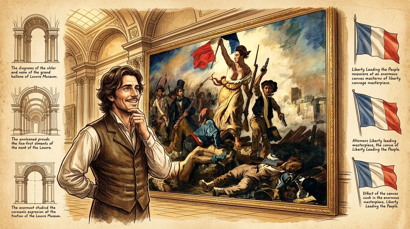 Eugène Delacroix stands before his masterpiece, 'Liberty Leading the People,' completed in 1830. The oil on canvas, measuring 2.6 meters high and 3.25 meters… Eugène Delacroix stands before his masterpiece, 'Liberty Leading the People,' completed in 1830. The oil on canvas, measuring 2.6 meters high and 3.25 meters…