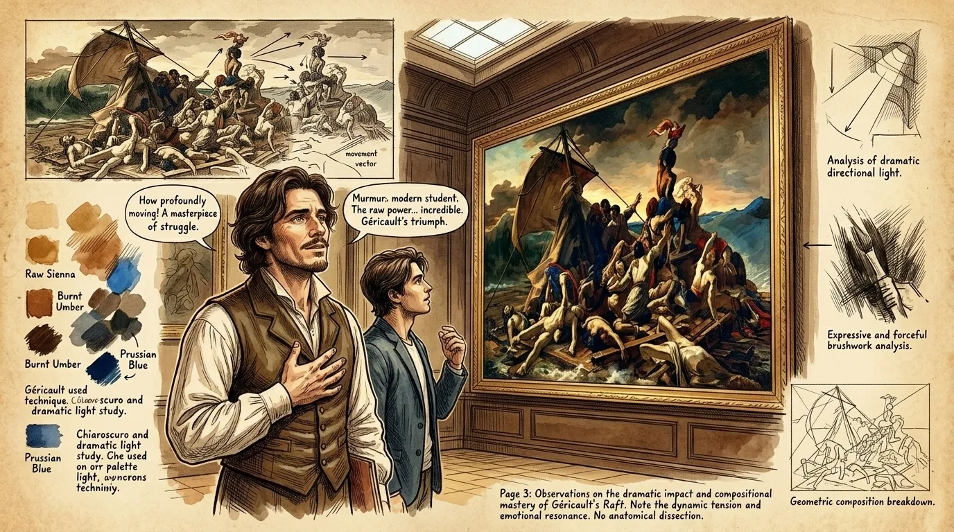 Delacroix, now a student, gazes upon Théodore Géricault's 'The Raft of the Medusa.' The painting's raw emotion and unflinching depiction of suffering shook him… Delacroix, now a student, gazes upon Théodore Géricault's 'The Raft of the Medusa.' The painting's raw emotion and unflinching depiction of suffering shook him…