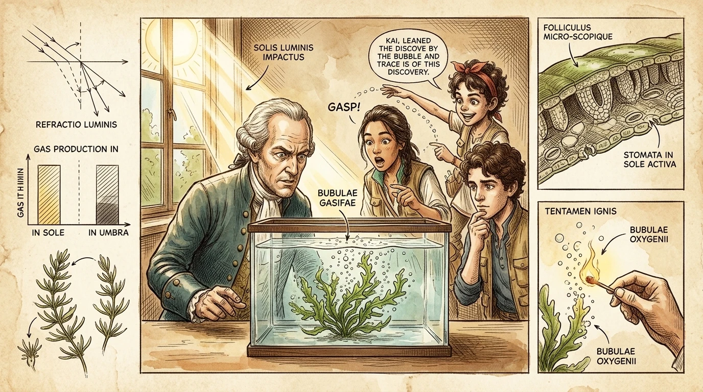 随后，突破性时刻到来了。英格豪斯将一株水生植物浸入水箱中，并将其置于阳光直射之下。“看！气泡！”塔拉惊呼道，指着叶子。