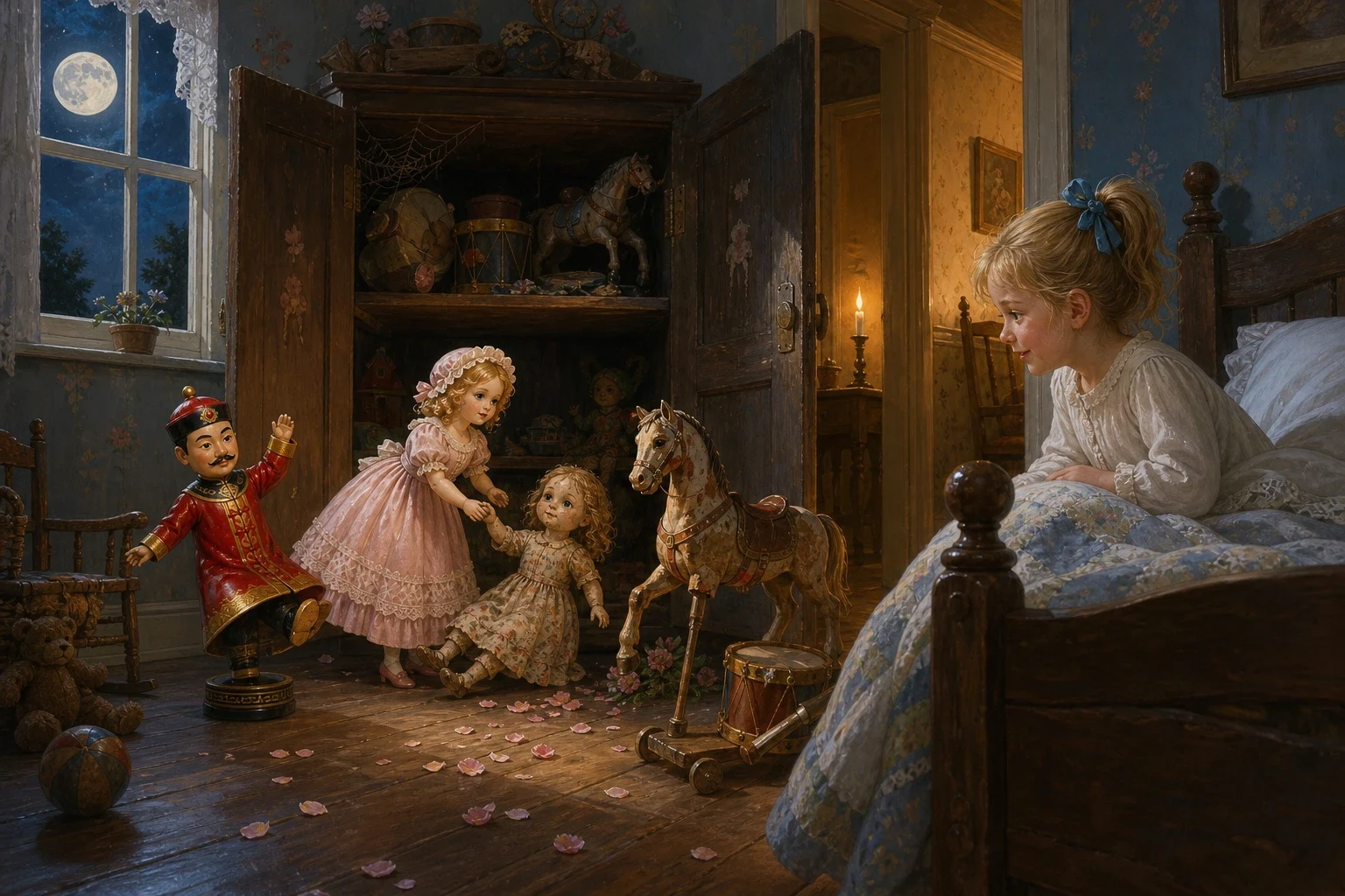 The dance moved on across the room until it reached the old cupboard in the corner, where the broken and forgotten toys were kept — a doll with a cracked cheek… The dance moved on across the room until it reached the old cupboard in the corner, where the broken and forgotten toys were kept — a doll with a cracked cheek…