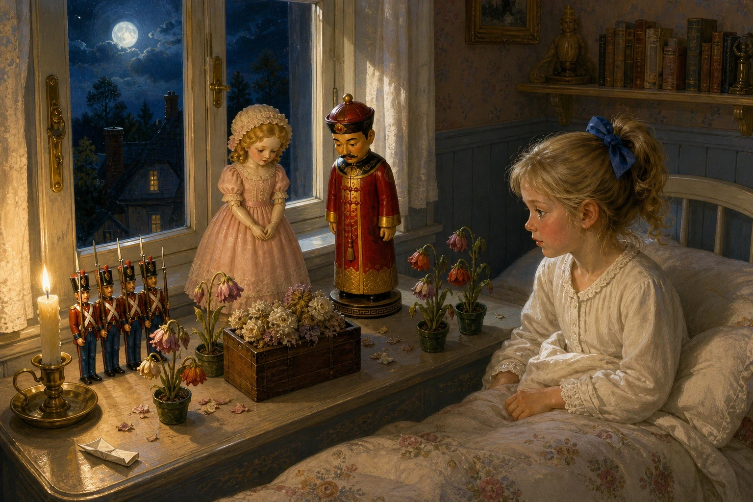 At last the dancing slowed, and the flowers gathered quietly around the box on the windowsill where Ida's very first, most faded blooms had been laid — the ones… At last the dancing slowed, and the flowers gathered quietly around the box on the windowsill where Ida's very first, most faded blooms had been laid — the ones…