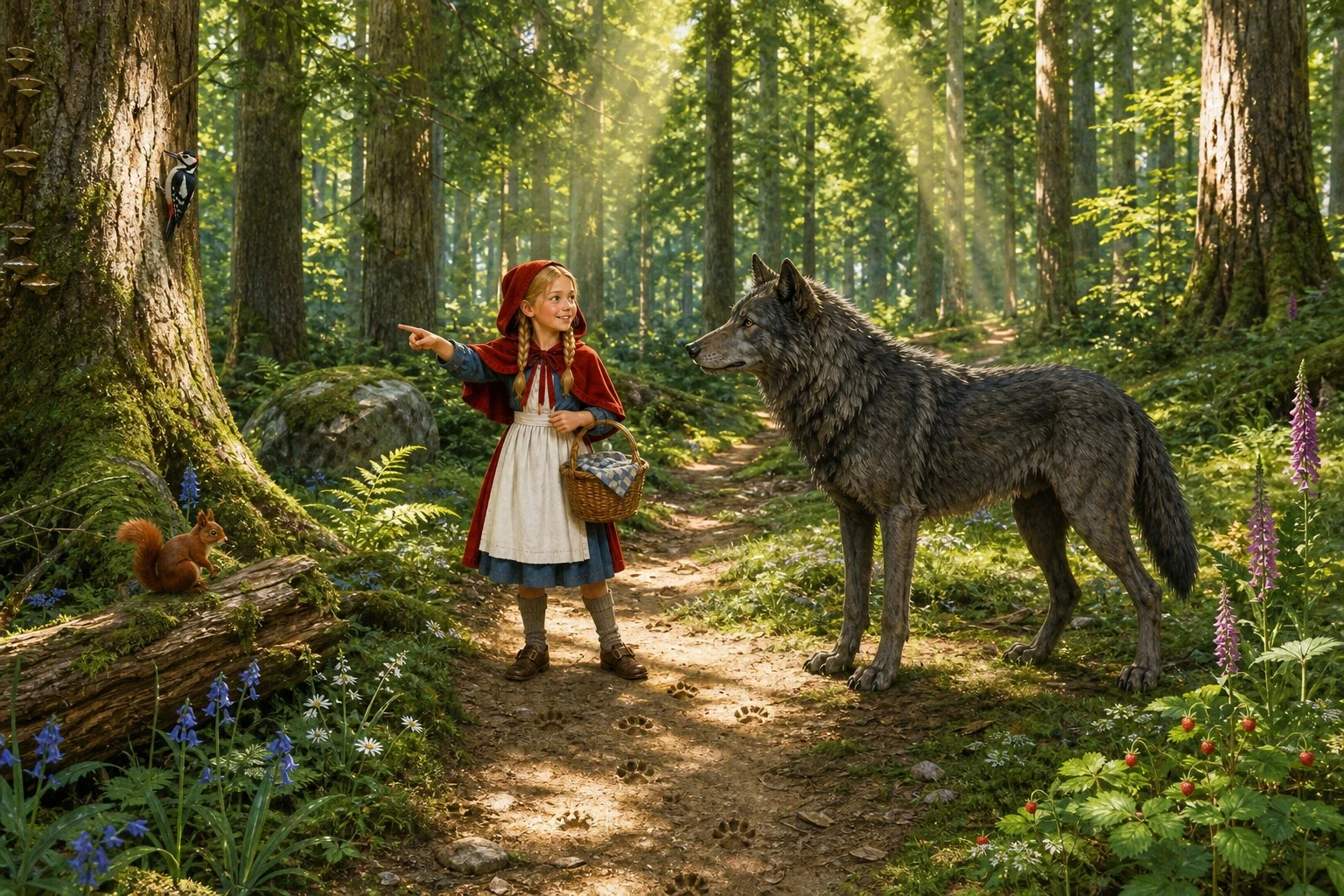 She had not been in the wood ten minutes when a wolf came out onto the path. Little Red Riding Hood had never met a wolf and did not know enough to be…
