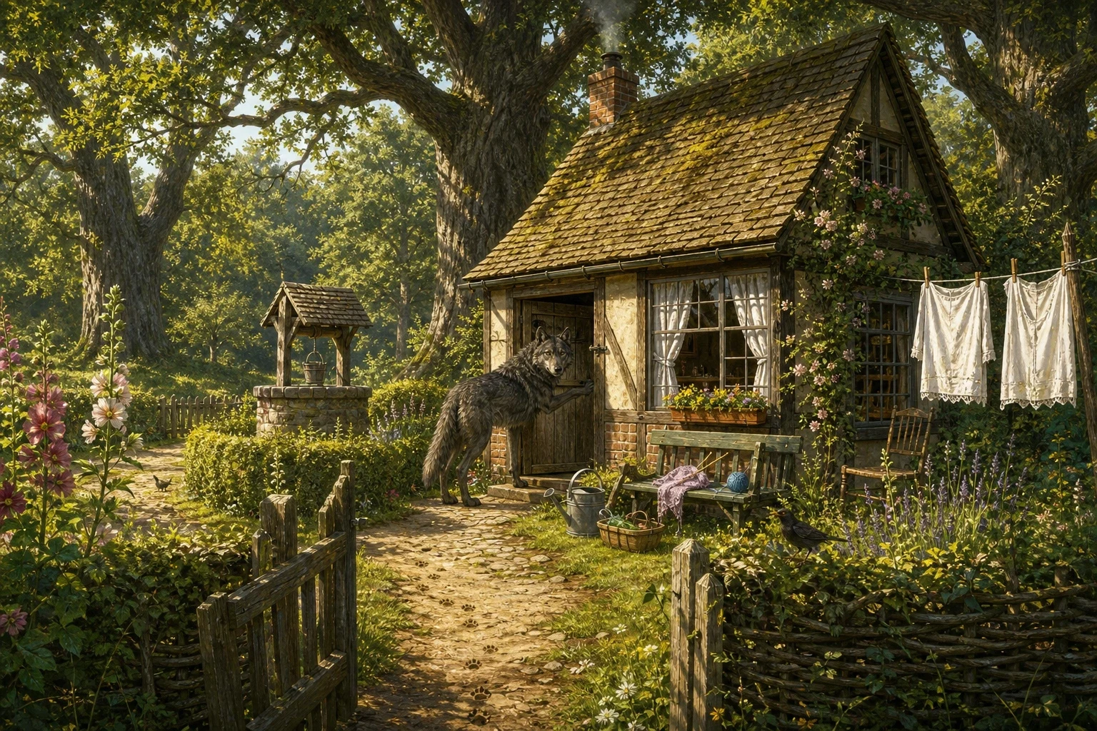 Meanwhile the wolf went straight on down the path and came to the cottage under the three big oak trees, exactly where he had been told it would be, with the…