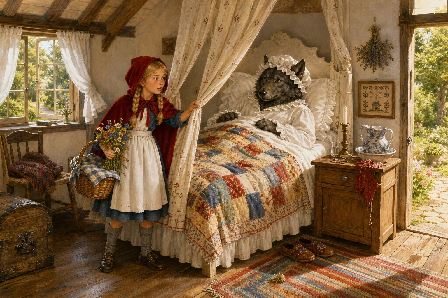 He had swallowed the grandmother whole, and then he had put on her cap and her nightgown and got into her bed and drawn the curtains round it, and lay there…