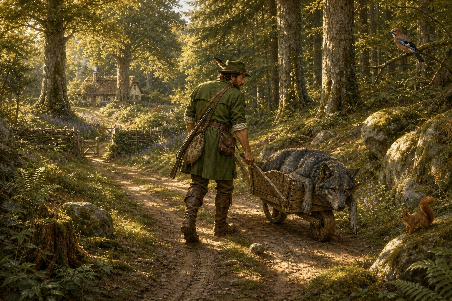 The wolf woke up at about four o'clock, and wanted to get off that bed and out of that cottage — and found that he could not do it.
