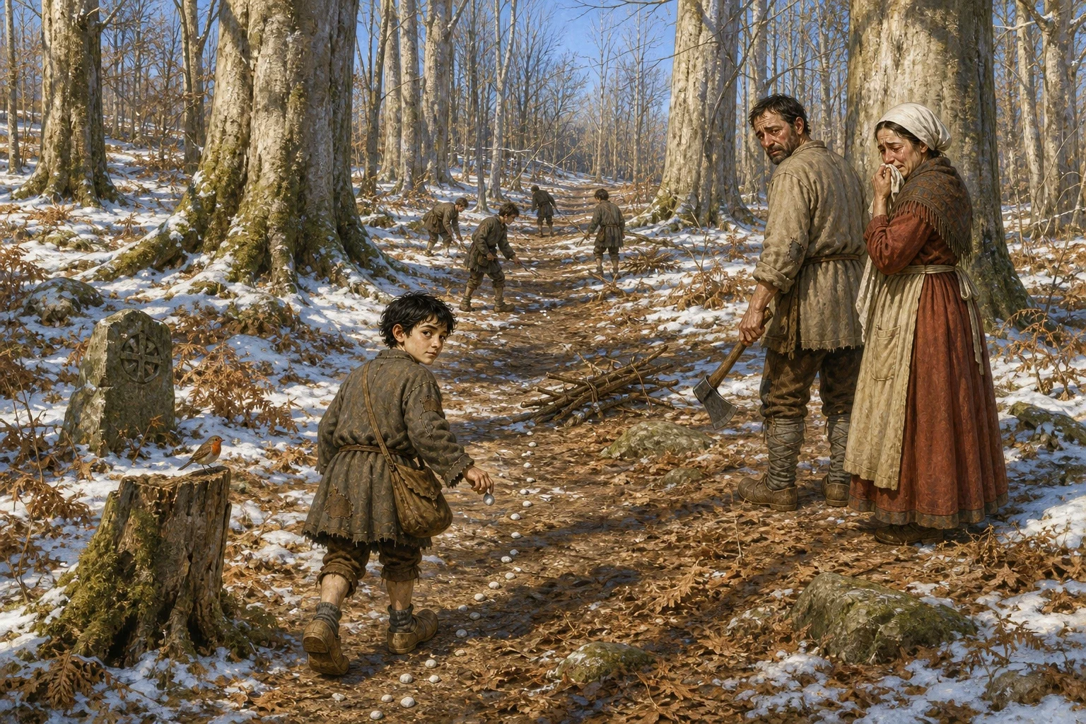 On the worst morning of that winter the woodcutter took all seven of his sons far into the forest to gather wood, further than they had ever been.