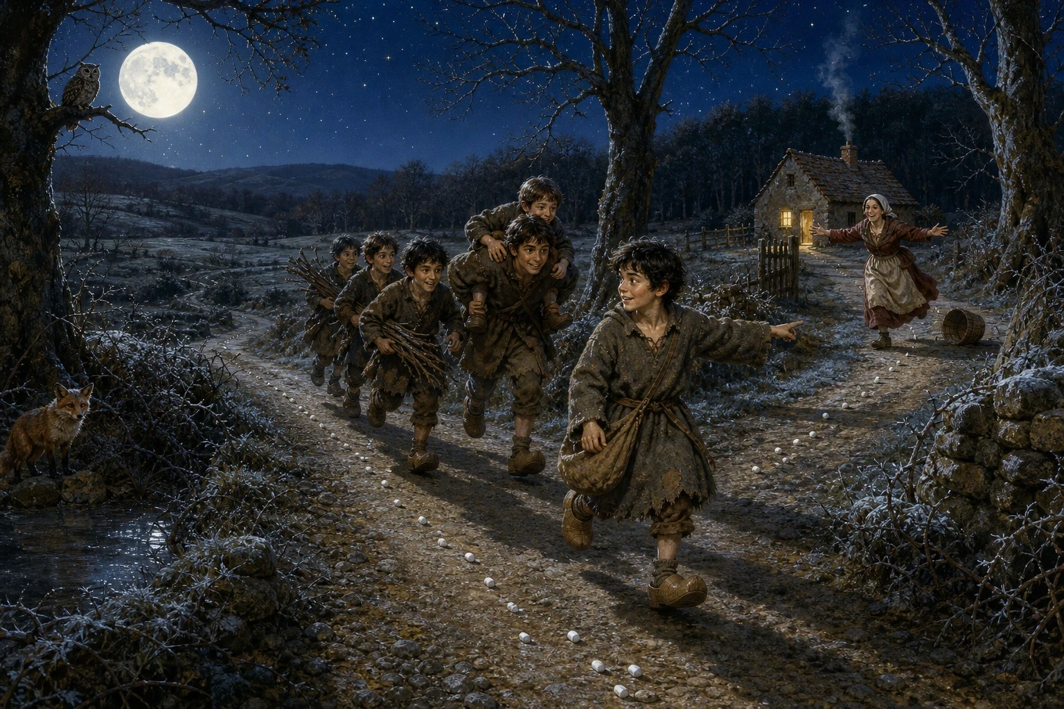 By the time the moon was up, the white pebbles were shining along the forest floor like a line of little lamps, and Thumbling walked his six brothers home along…