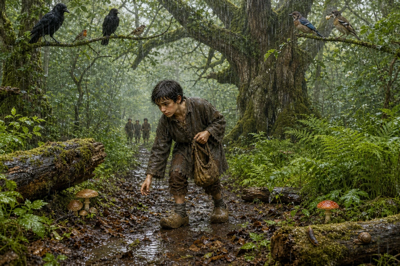 The second time, Thumbling could get nothing out of the house but a crust of bread, so he crumbled it as he went, all the long way into the forest, further even…