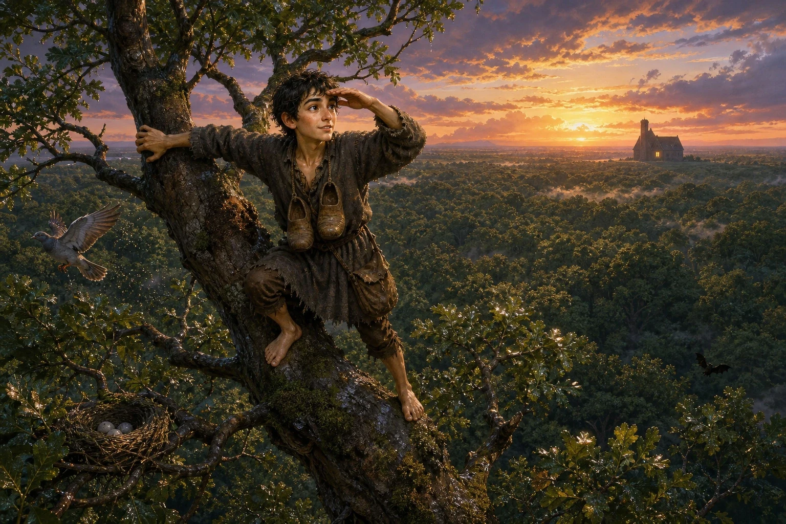 It took him a long time, because he was very small and the branches were very far apart, and the rain had stopped by the time he got his head up out of the…