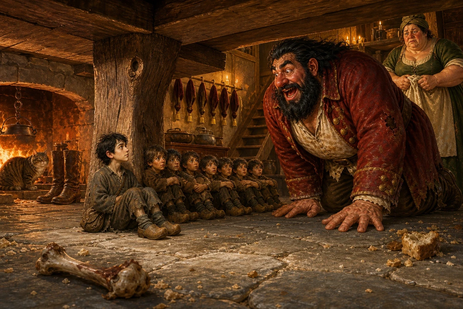 She had just got them under the table when the whole house shook, and in came the ogre. He hung his filthy crimson coat on its hook, sat down, and ate most of a…