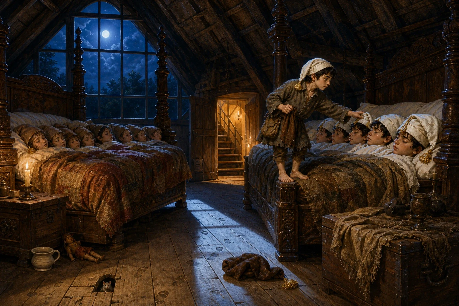 Upstairs there were two enormous beds. In one of them slept the ogre's seven daughters, each with a fine nightcap of white linen and a gold tassel.