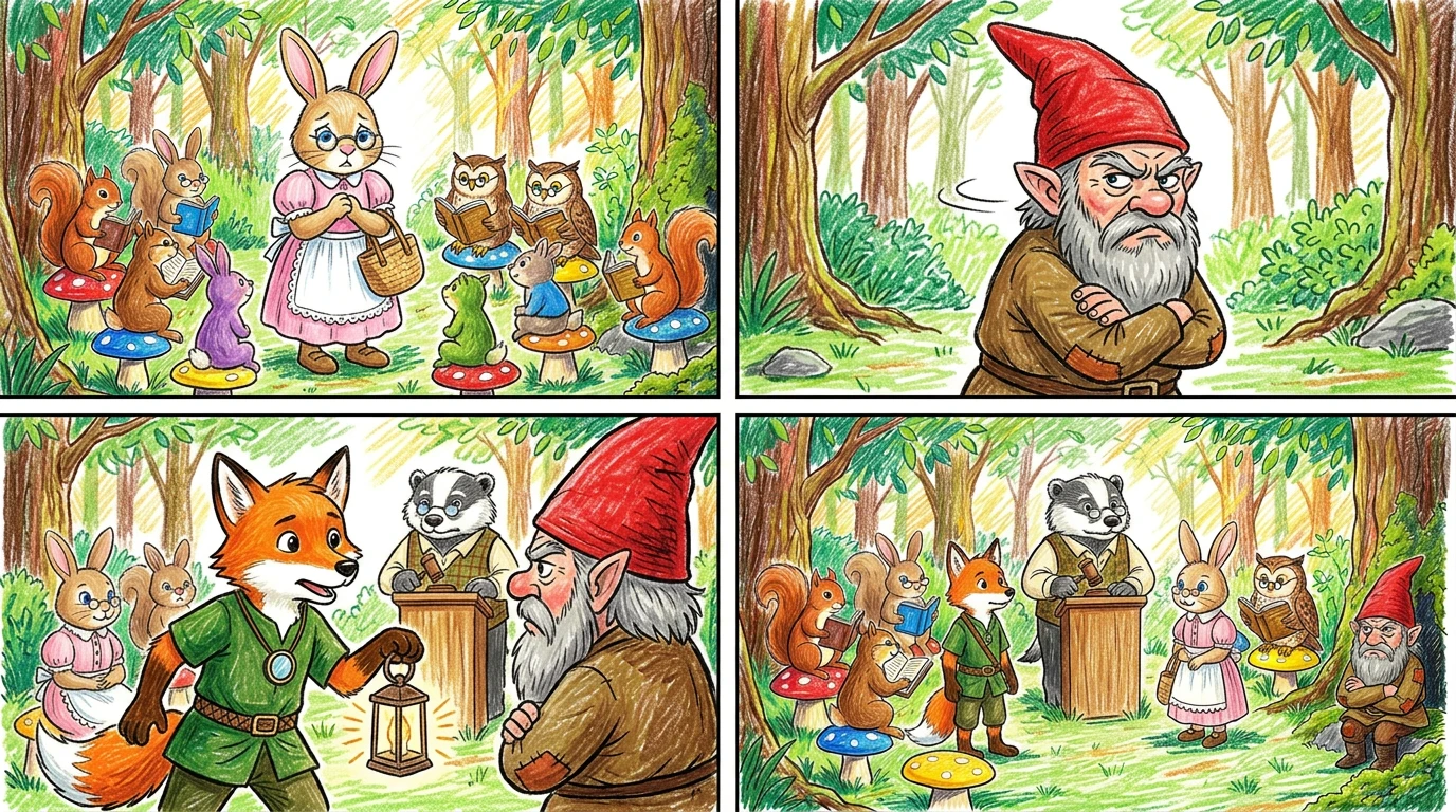 “我们没有钱，”罗西伤心地解释道，“但灯笼里的那些故事很重要！它们教会我们分享和友谊。”侏儒不屑地哼了一声。“友谊？呸！友谊有什么用？”芬利走上前。