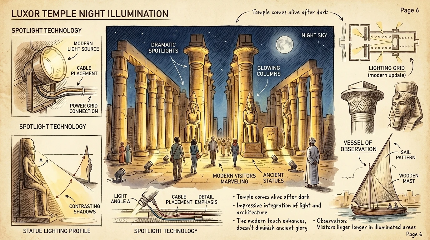 卢克索神庙在夜空下熠熠生辉,高耸的廊柱和雕像被聚光灯照亮。游客们漫步在神庙中,惊叹于古老的建筑,享受着凉爽的晚风。 卢克索神庙在夜空下熠熠生辉,高耸的廊柱和雕像被聚光灯照亮。游客们漫步在神庙中,惊叹于古老的建筑,享受着凉爽的晚风。