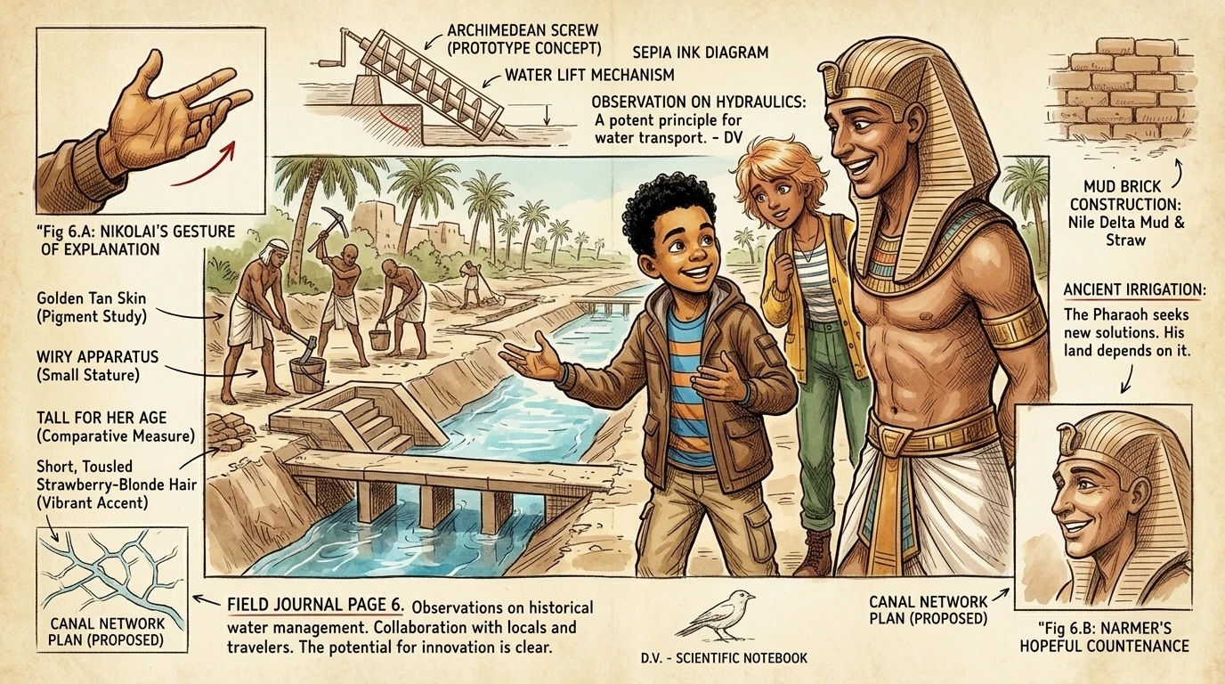 Saanvi remembered reading about ancient Egyptian irrigation techniques. \"I read that some early farmers built dikes and canals to control the floodwaters!\"… Saanvi remembered reading about ancient Egyptian irrigation techniques. \"I read that some early farmers built dikes and canals to control the floodwaters!\"…