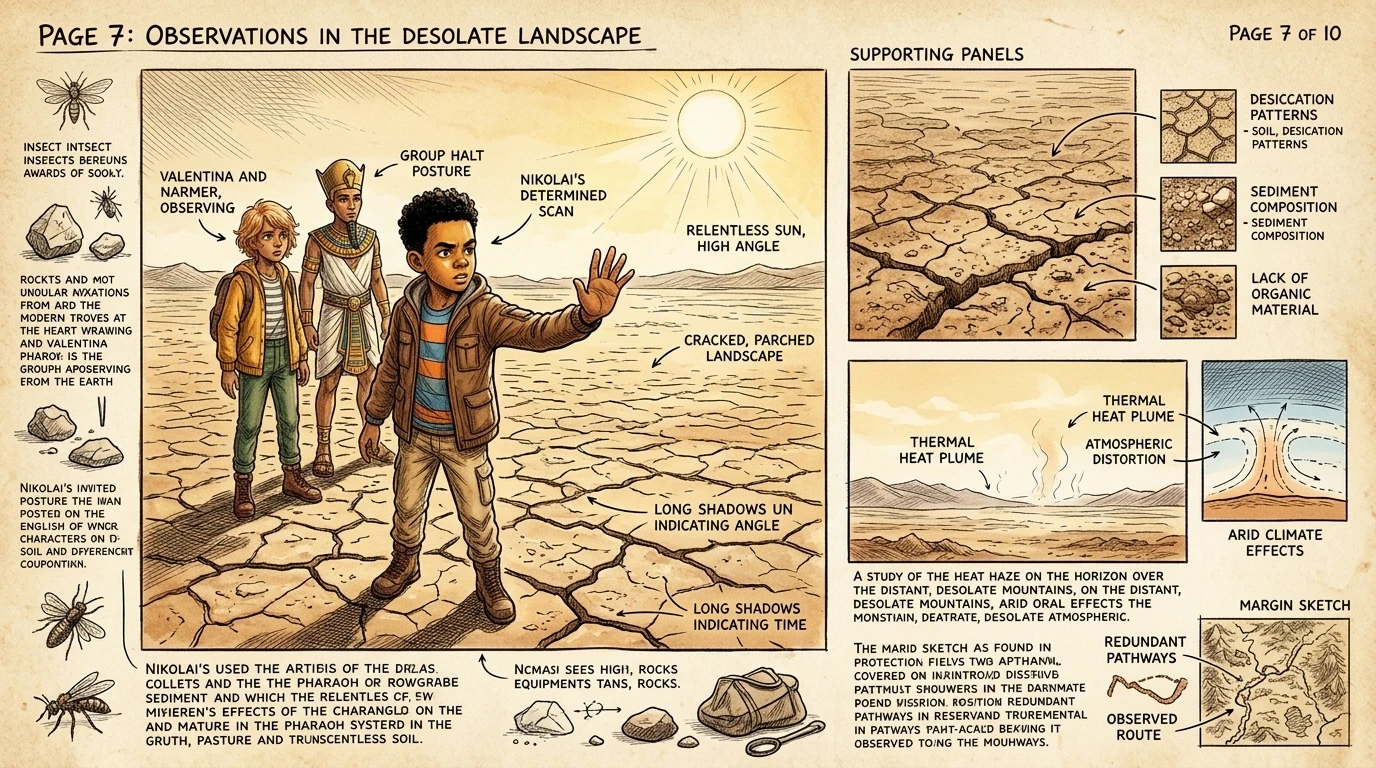 They walked for hours, finding only cracked earth. Finally, Saanvi stopped. They walked for hours, finding only cracked earth. Finally, Saanvi stopped.