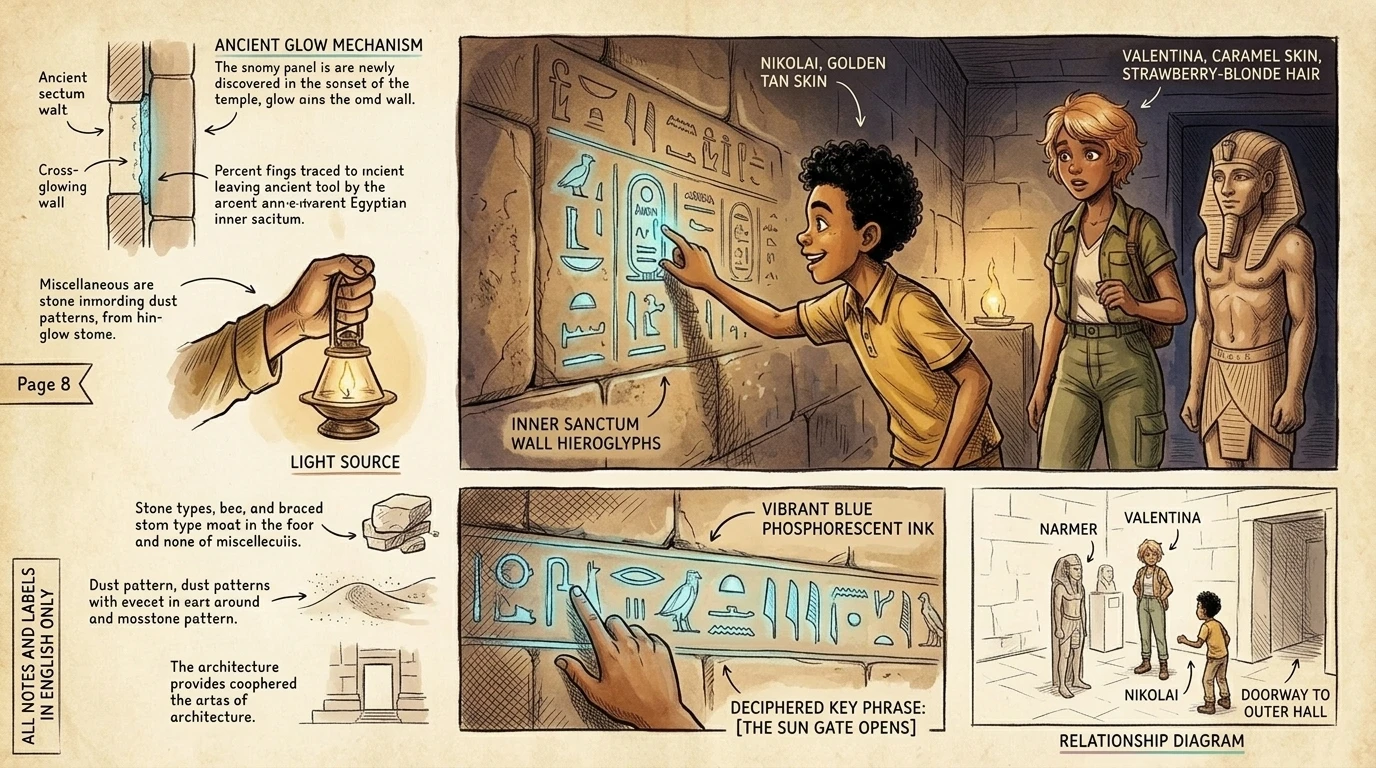Inside the temple, hieroglyphs glowed faintly. Saanvi, remembering the symbols from the museum, deciphered a key phrase. Inside the temple, hieroglyphs glowed faintly. Saanvi, remembering the symbols from the museum, deciphered a key phrase.