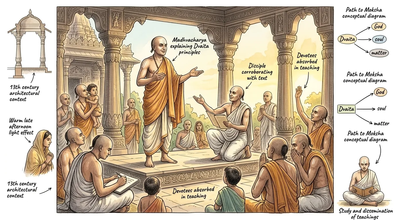 对于二元论(Dvaita)而言,解脱(moksha)之道在于对神的虔诚(bhakti)以及对其至高本性与存在真实区别的正确认知(jnana)。 对于二元论(Dvaita)而言,解脱(moksha)之道在于对神的虔诚(bhakti)以及对其至高本性与存在真实区别的正确认知(jnana)。