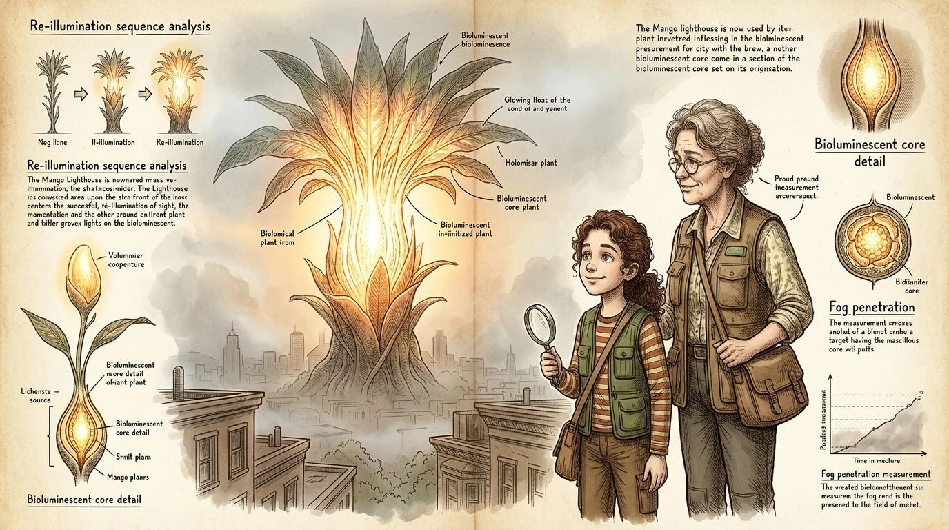 市中心宏伟的芒果灯塔再次焕发出耀眼的光芒，温暖的光线穿透薄雾。“所以，每一次发光，每一次嘶嘶声，每一丝锈迹……都只是成分变成了新东西。