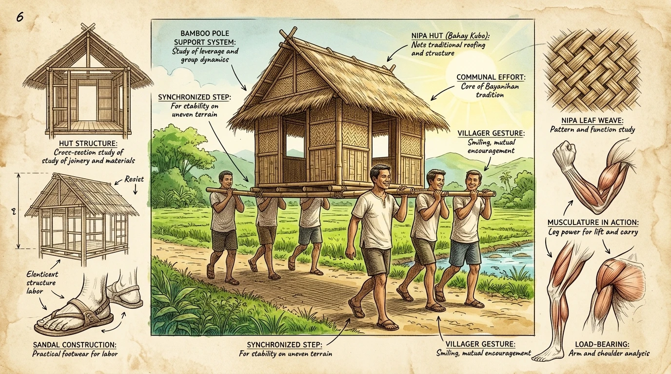 “Bayanihan”传统,即社区成员帮助搬运房屋,是菲律宾合作精神的典范。村民们齐心协力,将一座茅草屋搬到新的地点。 “Bayanihan”传统,即社区成员帮助搬运房屋,是菲律宾合作精神的典范。村民们齐心协力,将一座茅草屋搬到新的地点。