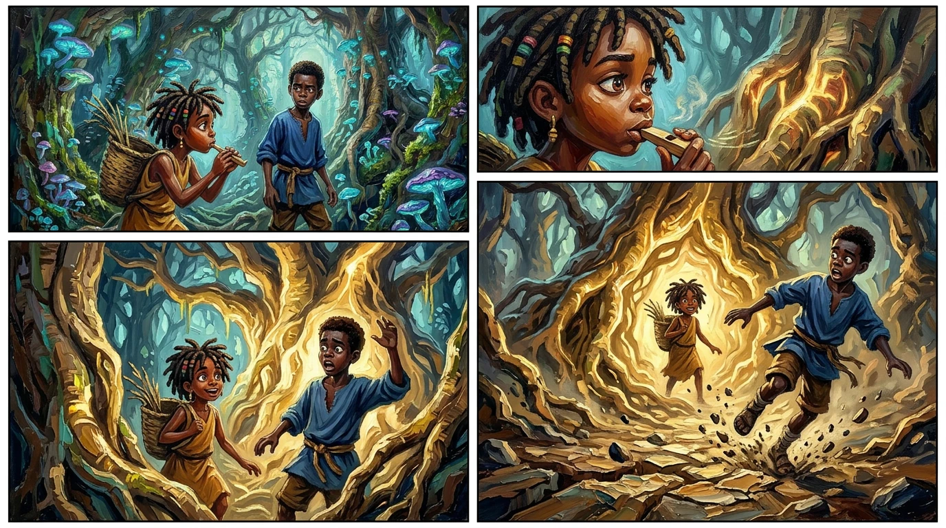 Mariama, ungeachtet Kofis Murren, blies sanft in die Pfeife. Ein hoher Ton hallte durch die Höhle. Plötzlich begannen die Wurzeln des Baobab-Baumes heller zu… Mariama, ungeachtet Kofis Murren, blies sanft in die Pfeife. Ein hoher Ton hallte durch die Höhle. Plötzlich begannen die Wurzeln des Baobab-Baumes heller zu…