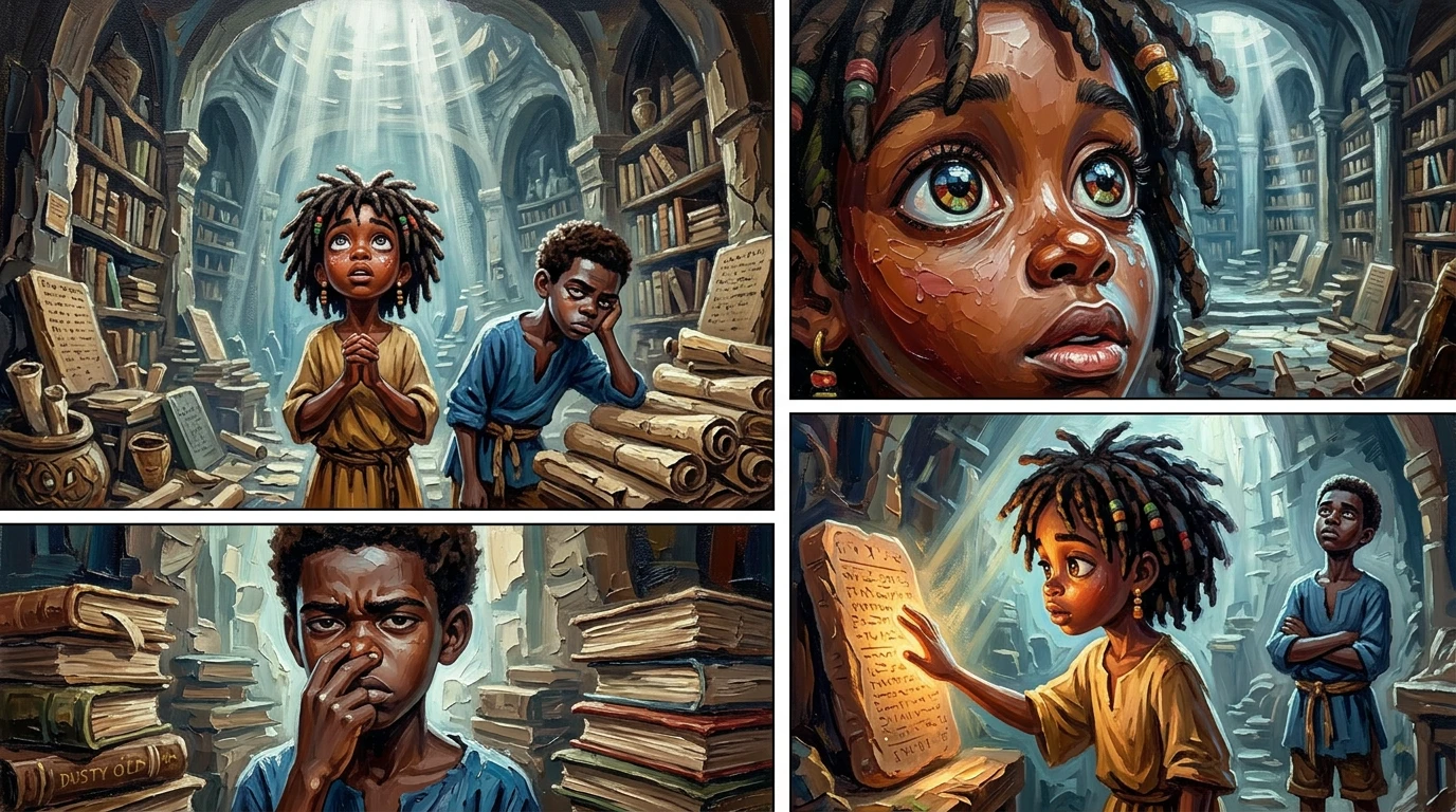 Die Treppe führte zu einer riesigen Bibliothek, gefüllt mit Schriftrollen, Tafeln und alten Artefakten. „Unglaublich“, hauchte Mariama, ihre Augen weit vor… Die Treppe führte zu einer riesigen Bibliothek, gefüllt mit Schriftrollen, Tafeln und alten Artefakten. „Unglaublich“, hauchte Mariama, ihre Augen weit vor…