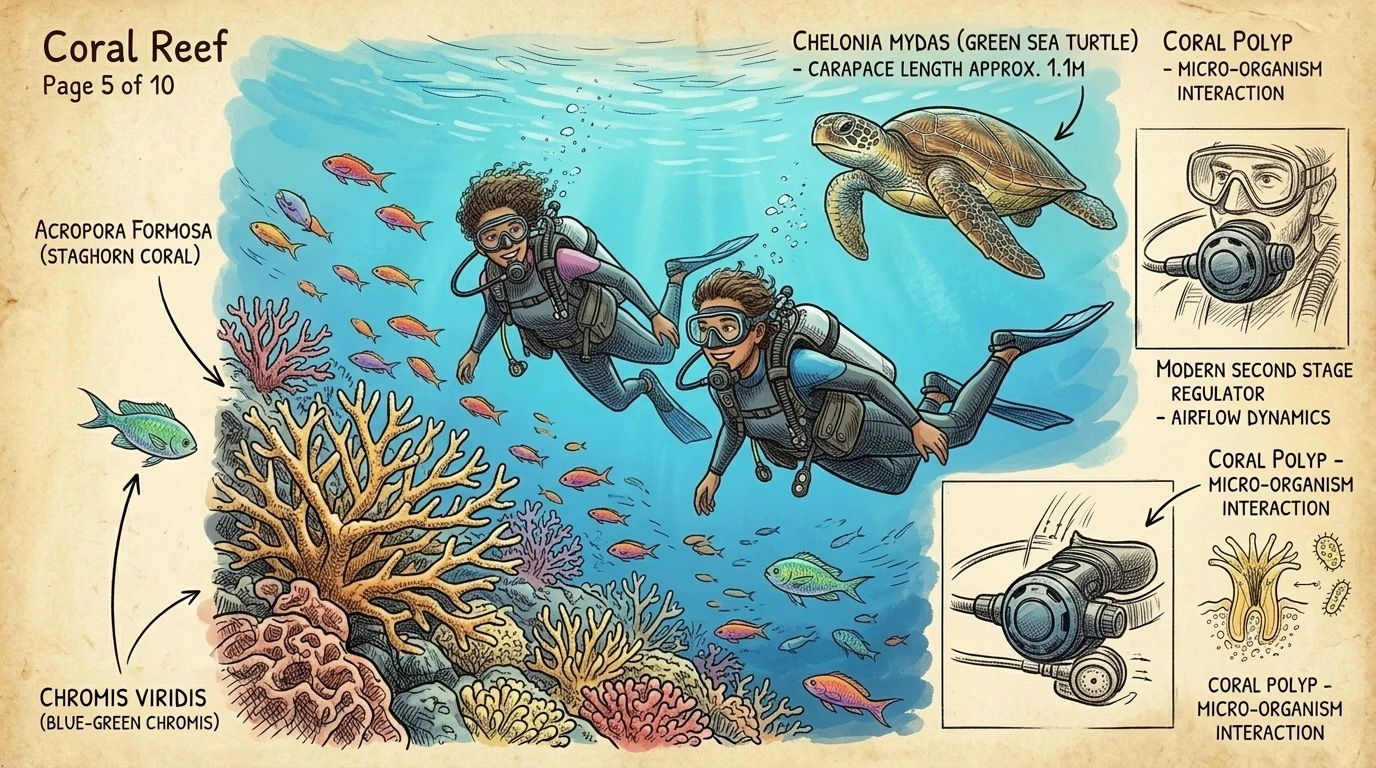 潜水员们探索着近海生机勃勃的珊瑚礁,邂逅了万花筒般多姿多彩的海洋生物。成群的彩色鱼儿在珊瑚群中穿梭,海龟们则优雅地滑过清澈的海水。 潜水员们探索着近海生机勃勃的珊瑚礁,邂逅了万花筒般多姿多彩的海洋生物。成群的彩色鱼儿在珊瑚群中穿梭,海龟们则优雅地滑过清澈的海水。