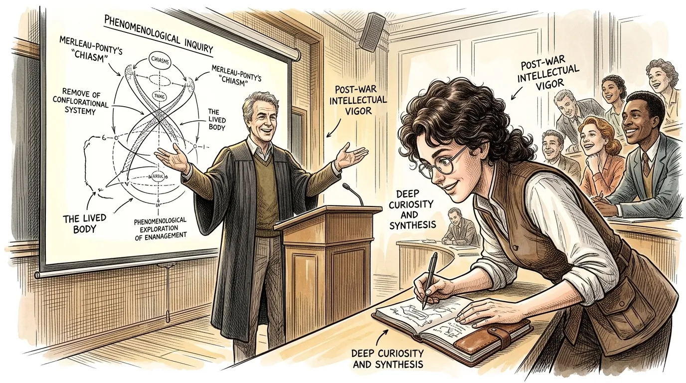 Un'energia palpabile riempie l'aula magna nella Parigi del dopoguerra, brulicante di studenti e intellettuali desiderosi di afferrare le emergenti correnti… Un'energia palpabile riempie l'aula magna nella Parigi del dopoguerra, brulicante di studenti e intellettuali desiderosi di afferrare le emergenti correnti…