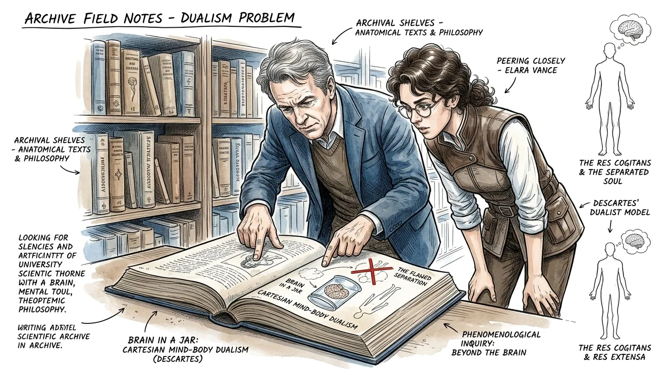 Il dottor Thorne condusse Elara in un angolo tranquillo dell'archivio, dove vecchi disegni anatomici e testi filosofici rivestivano gli scaffali. Il dottor Thorne condusse Elara in un angolo tranquillo dell'archivio, dove vecchi disegni anatomici e testi filosofici rivestivano gli scaffali.