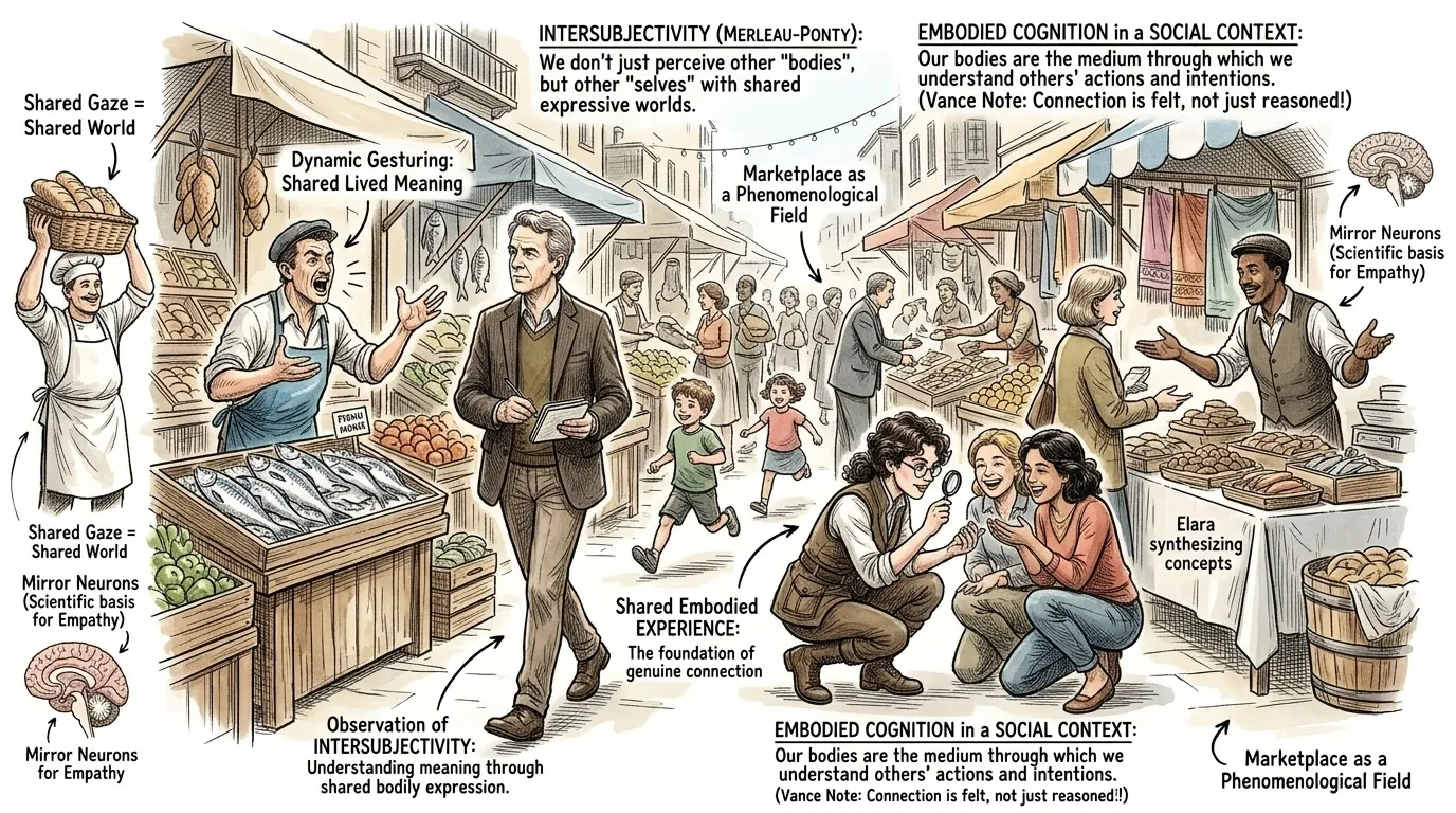 Il dottor Thorne ed Elara camminavano attraverso un affollato mercato, osservando le persone interagire. Il dottor Thorne spiegò come Merleau-Ponty estese la… Il dottor Thorne ed Elara camminavano attraverso un affollato mercato, osservando le persone interagire. Il dottor Thorne spiegò come Merleau-Ponty estese la…