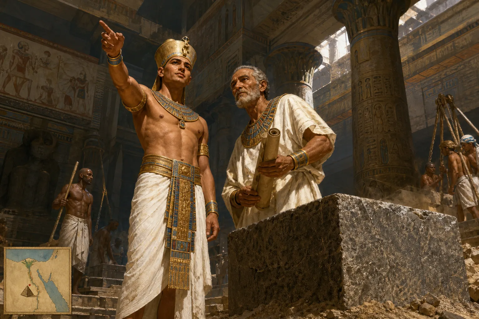 Upon ascending the throne, Menkaure, a pharaoh in his early thirties, stood within the shadowed halls of his father Khafre's mortuary temple. Upon ascending the throne, Menkaure, a pharaoh in his early thirties, stood within the shadowed halls of his father Khafre's mortuary temple.