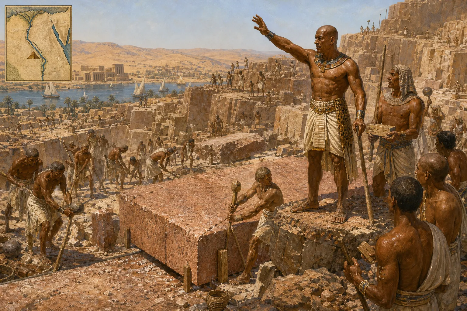 At the sun-baked quarries of Aswan, far to the south, the pharaoh's will transformed into grueling labor. Hundreds of workers, their bodies glistening with… At the sun-baked quarries of Aswan, far to the south, the pharaoh's will transformed into grueling labor. Hundreds of workers, their bodies glistening with…