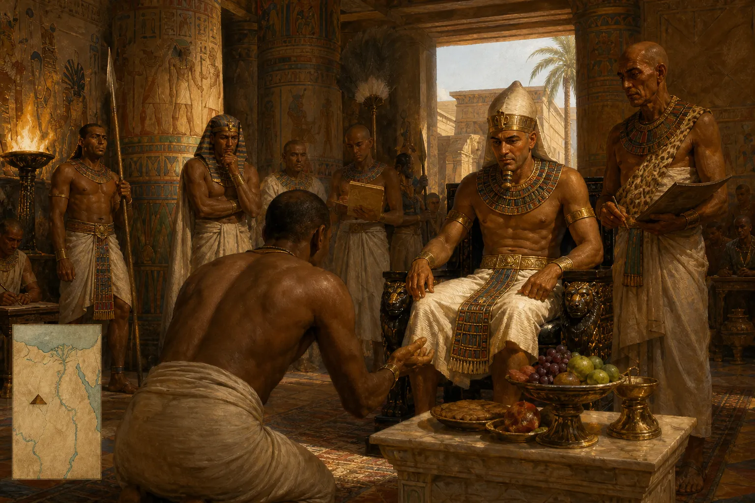 In the Great Hall of Ma'at in Memphis, Menkaure, a pharaoh in his early fifties, embodied the principle of cosmic order. In the Great Hall of Ma'at in Memphis, Menkaure, a pharaoh in his early fifties, embodied the principle of cosmic order.