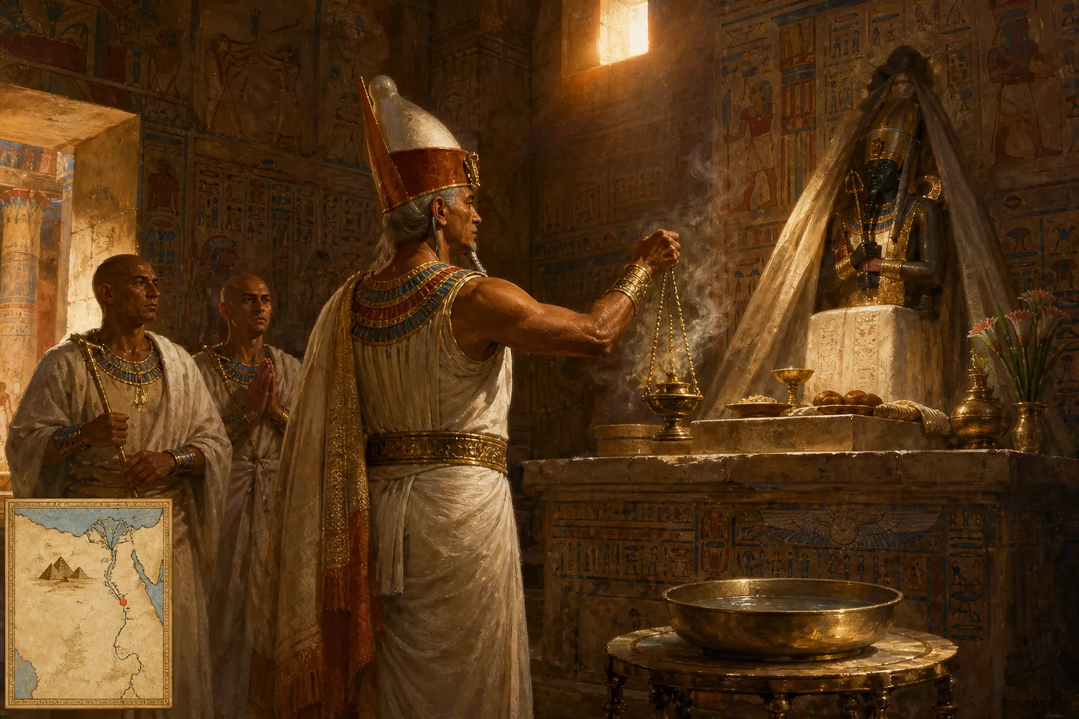 As the desert sun dipped towards the western horizon, painting the sky in fiery hues, Menkaure, in his late fifties, stood within a small, newly restored temple… As the desert sun dipped towards the western horizon, painting the sky in fiery hues, Menkaure, in his late fifties, stood within a small, newly restored temple…