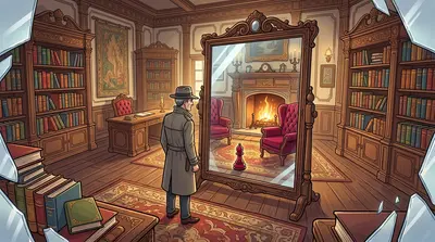 The mirror rippled, revealing a lavish study. A velvet chair sat before a crackling fireplace. On the floor lies a chess piece, smeared with crimson. The mirror rippled, revealing a lavish study. A velvet chair sat before a crackling fireplace. On the floor lies a chess piece, smeared with crimson.