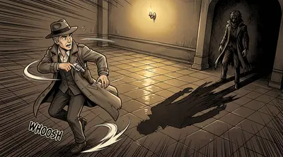 A voice echoed from the shadows, smooth and menacing. "You shouldn't have come here, Detective." A figure emerged, tall and gaunt, his face obscured by the… A voice echoed from the shadows, smooth and menacing. "You shouldn't have come here, Detective." A figure emerged, tall and gaunt, his face obscured by the…