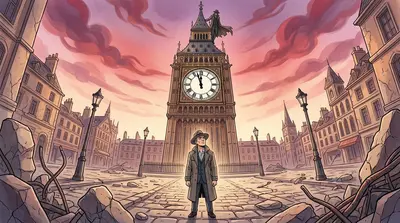 The trail led them to a towering clock tower, its hands frozen at midnight. A figure stood at the top, silhouetted against the distorted sky. The trail led them to a towering clock tower, its hands frozen at midnight. A figure stood at the top, silhouetted against the distorted sky.