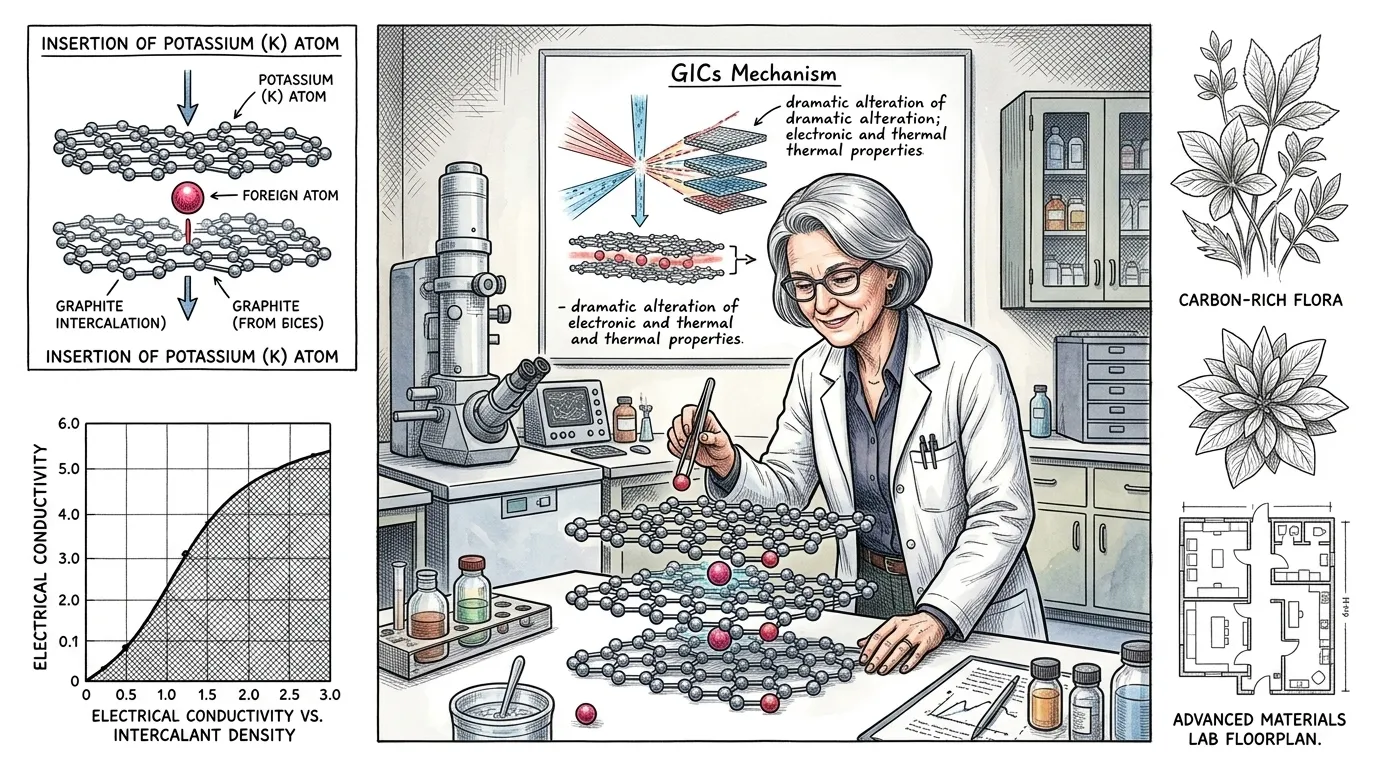 德雷塞尔豪斯的早期突破主要集中在石墨层间化合物(GICs)上,即外来原子或分子被插入到石墨层之间。这种看似简单的操作极大地改变了石墨的电子和热学性质。 德雷塞尔豪斯的早期突破主要集中在石墨层间化合物(GICs)上,即外来原子或分子被插入到石墨层之间。这种看似简单的操作极大地改变了石墨的电子和热学性质。