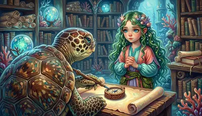 中景镜头：在皇家图书馆里，科拉莉亚和马里斯教授正专心研究古老的卷轴。马里斯教授是一只戴着眼镜的睿智老海龟。“这指南针，”马里斯教授边说边扶了扶眼镜，…