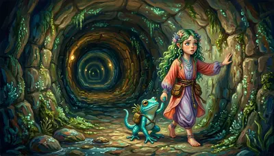 平视追踪镜头：珊瑚莉亚和鳍鳍小心翼翼地走过黑暗的隧道，依靠微弱的生物发光苔藓指引方向。“别担心，珊瑚莉亚，”鳍鳍吱吱叫着，用鼻子轻推她的手。