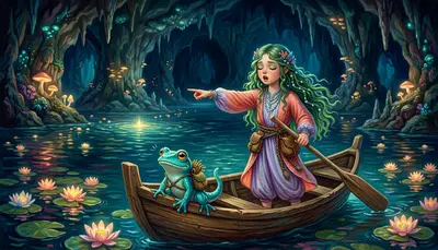 中景：隧道通向一个巨大的地下湖。科拉莉亚想起马里斯教授教她的话：“海蓝星人用洞穴里独特的回声来导航。”她闭上眼睛，大声呼唤，仔细聆听着回响。