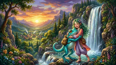 广角拉远镜头：科拉莉亚和弗利珀从瀑布底部的一个隐秘泉水中走出，泉水位于俯瞰一个小村庄的高山之中。夕阳西下，天空被染成橙色和紫色。