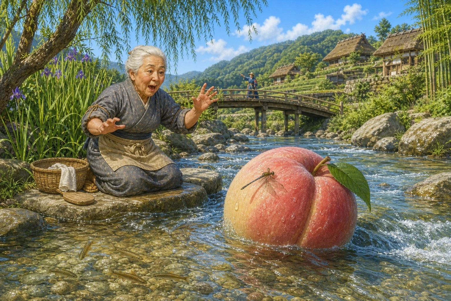 It was a peach. But it was a peach the size of a water barrel, pink and gold and perfect, turning slowly over and over as it came down the current, and it was…